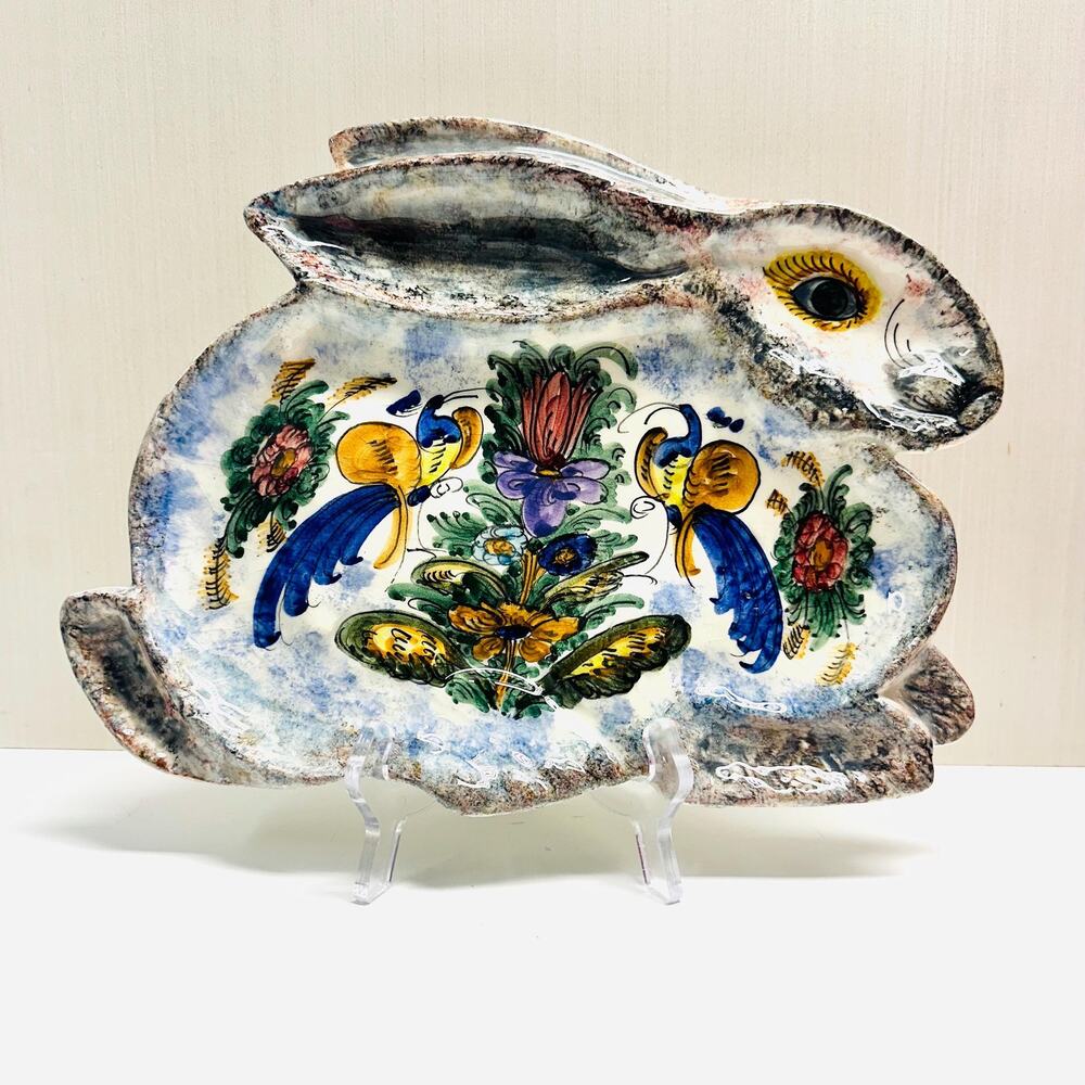 Vintage Greek Pottery K Nikolaou Bunny Rabbit Shaped Plate Dish Bird Floral